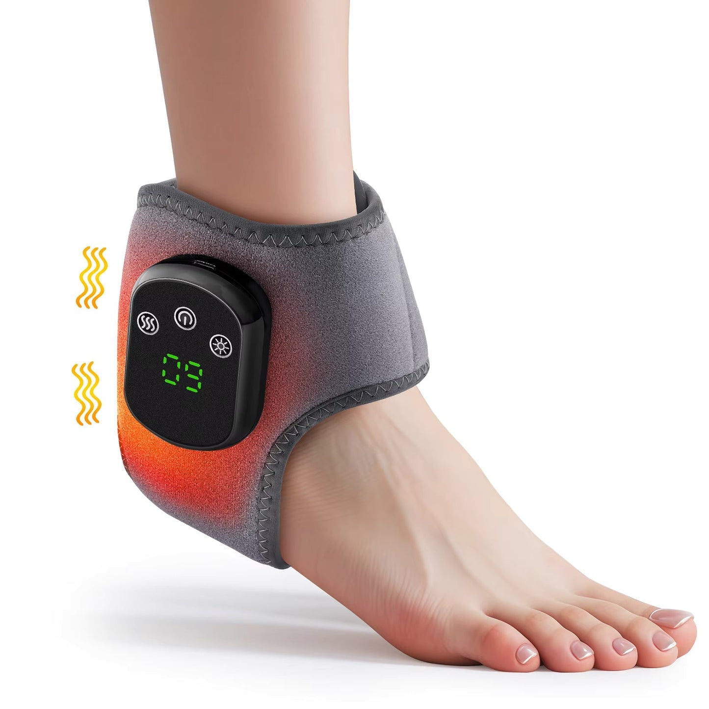 Grey Fitlybuy electric heated ankle wrap with digital control panel worn on a foot, showing glowing heat effect.