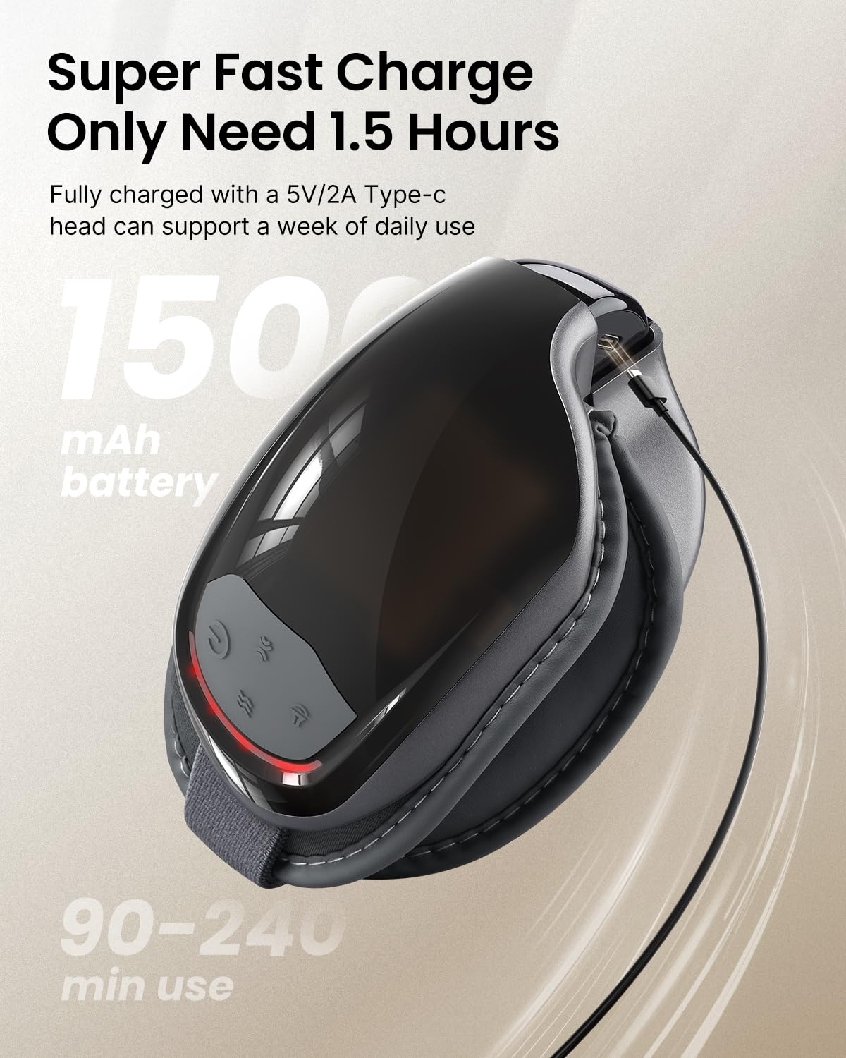 Fitlybuy Eyeris 3 black eye massager being fast-charged via USB-C, highlighting its 1500mAh battery and heating features.