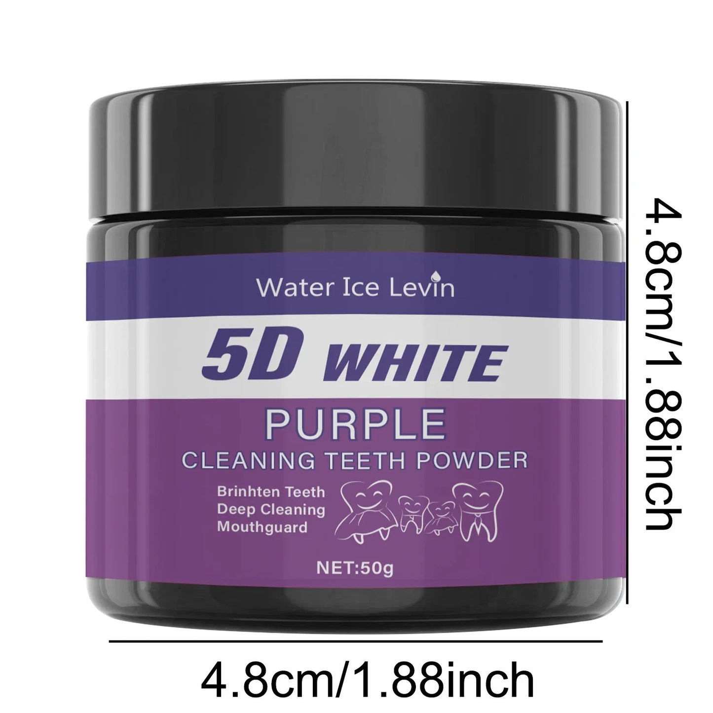Black jar of Water Ice Levin 5D White Purple teeth cleaning powder, 50g, featuring tooth icons and size dimensions.