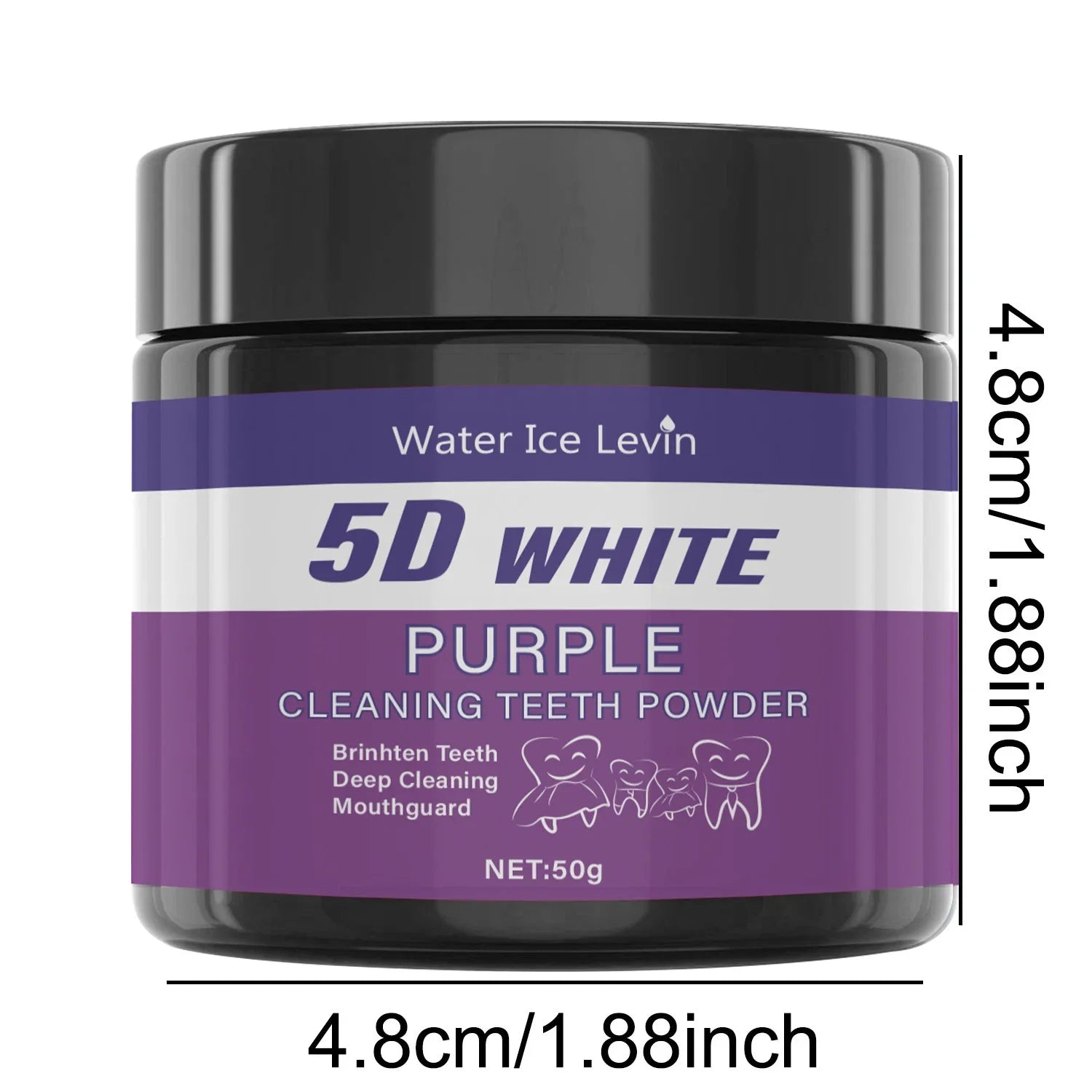 Black jar of Water Ice Levin 5D White Purple teeth cleaning powder, 50g, featuring tooth icons and size dimensions.