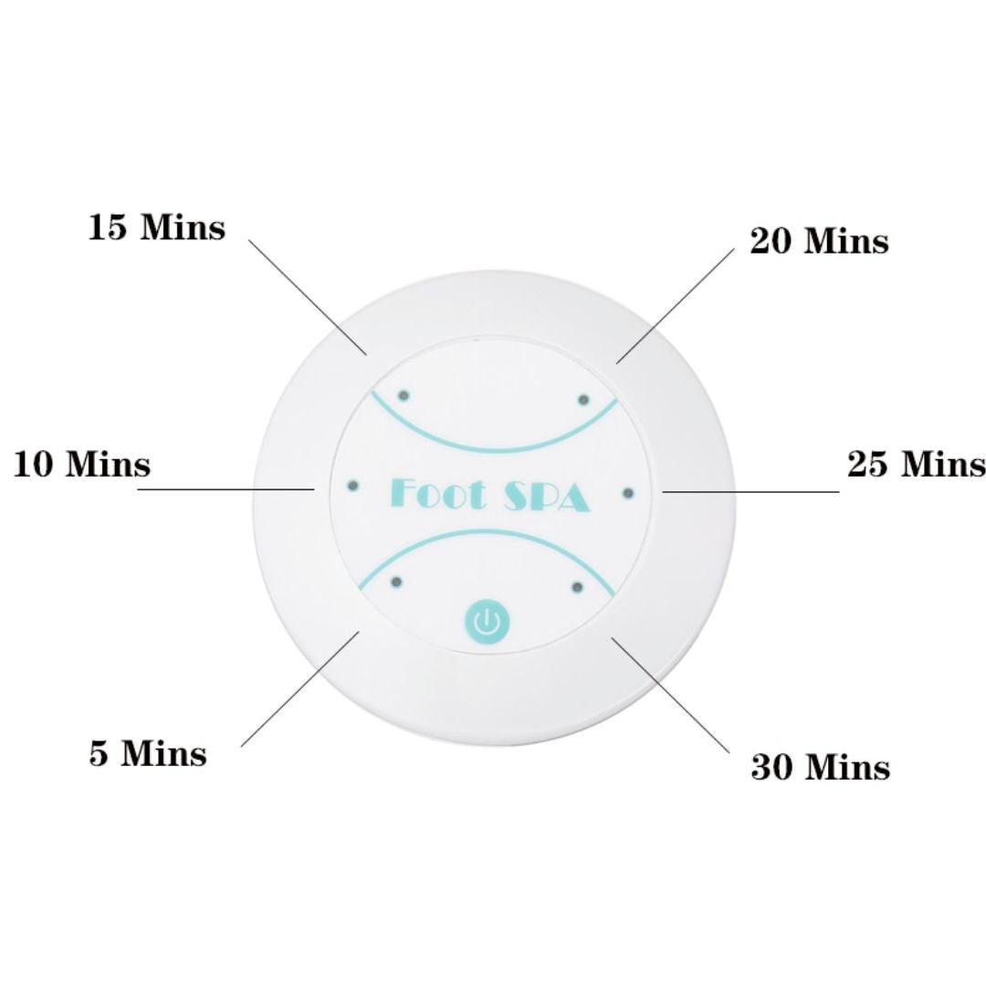 Fitlybuy white round ionic foot spa controller with a power button and timer settings from 5 to 30 minutes.