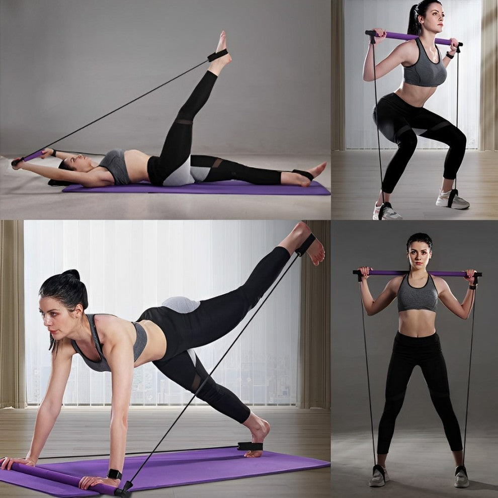 Woman using a purple Fitlybuy Pilates bar with adjustable resistance bands for full-body home workouts on a mat.