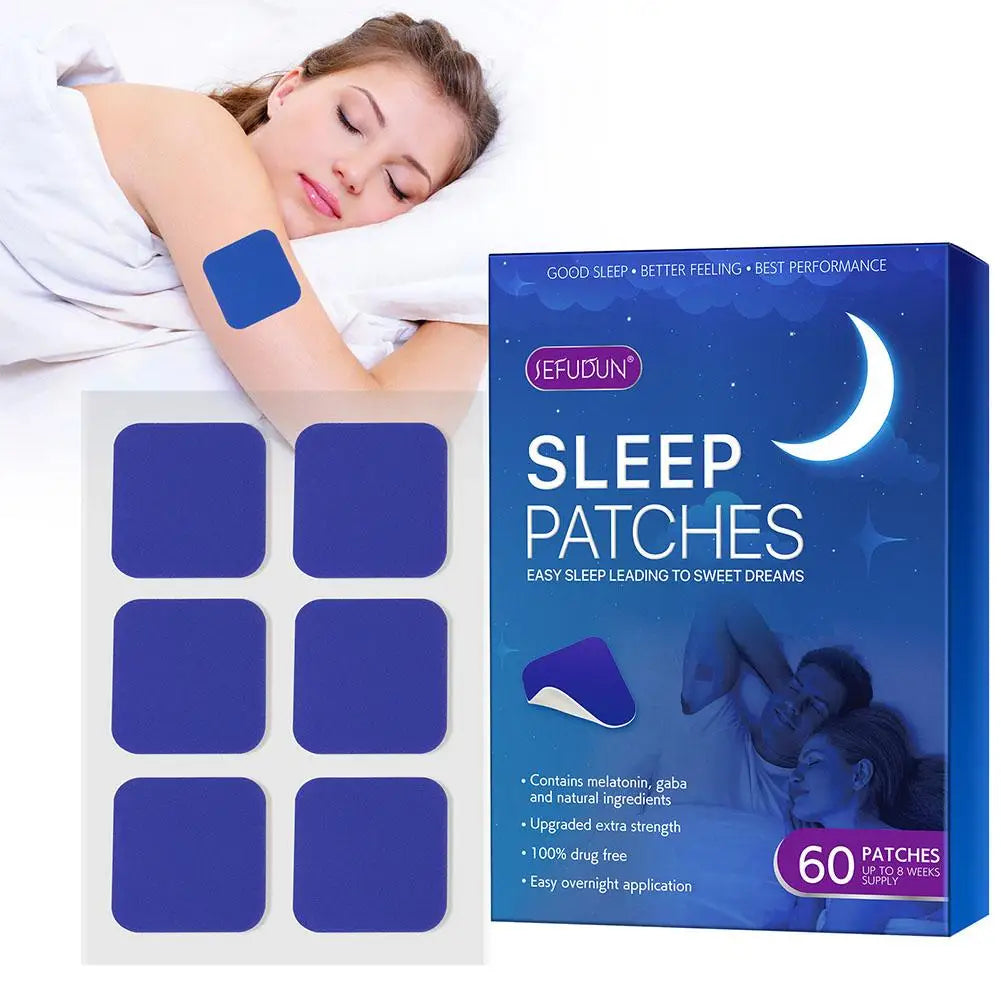 Fitlybuy Dream Easy Sleep Patches: Blue, square, drug-free herbal sleep patches shown on skin and in a 60-count box.