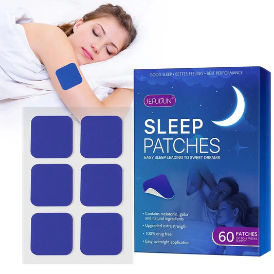 Fitlybuy Dream Easy Sleep Patches: Blue, square, drug-free herbal sleep patches shown on skin and in a 60-count box.