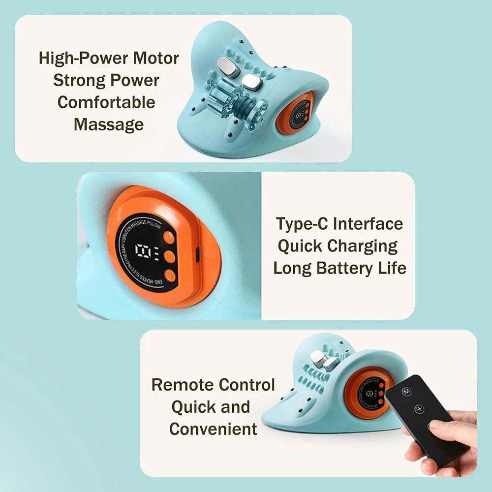 Fitlybuy blue electric neck relief stretcher with massage motor, orange display, Type-C charging, and remote control.