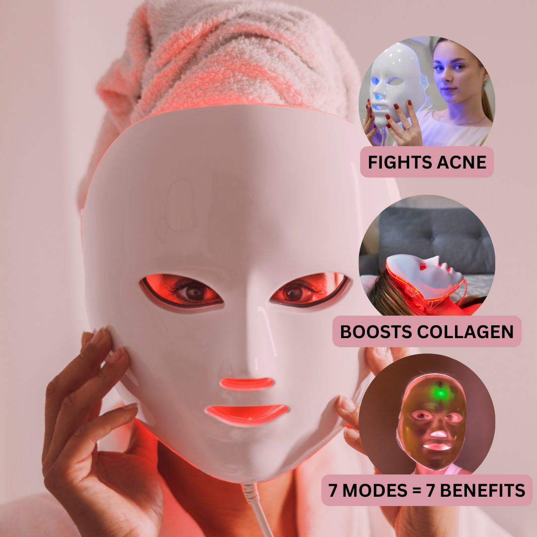Fitlybuy red light LED facial mask with 7 modes, neck strip, and side panels showing acne, collagen, and light therapy.
