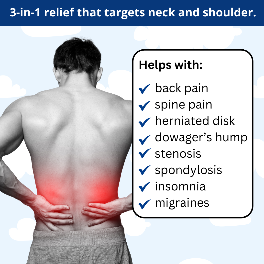 Fitlybuy wireless lumbar massager graphic showing a man with red-highlighted lower back pain and a list of benefits.