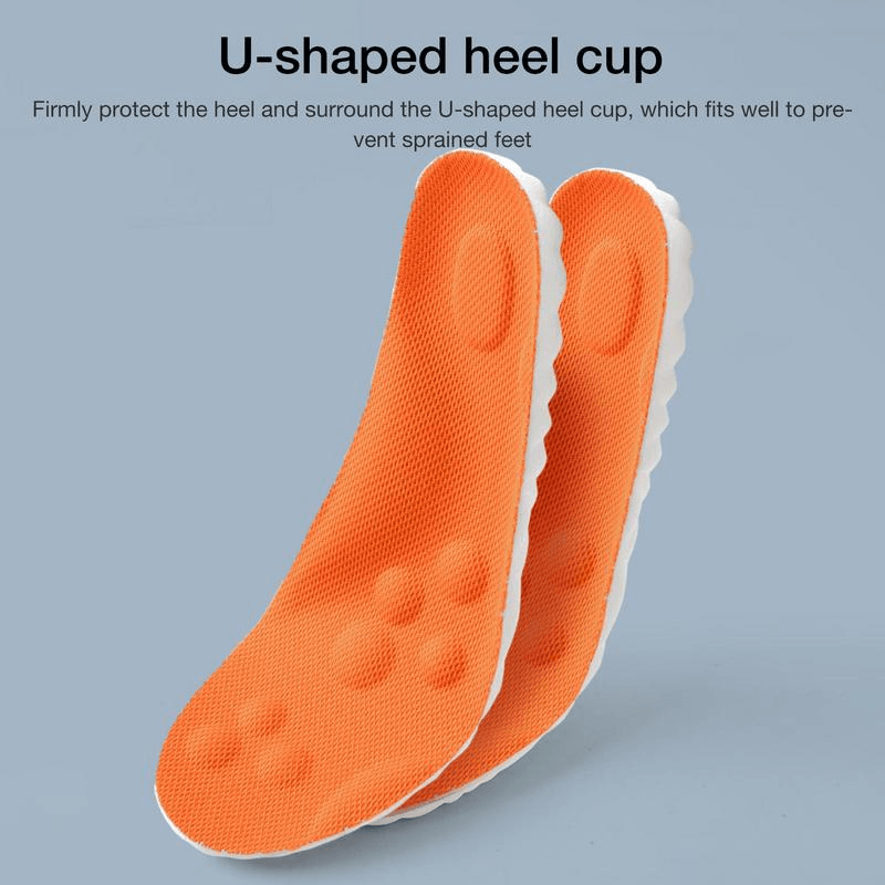 Fitlybuy AirCloud orange insoles with white U-shaped heel cups and ComfortWave cushioning technology.