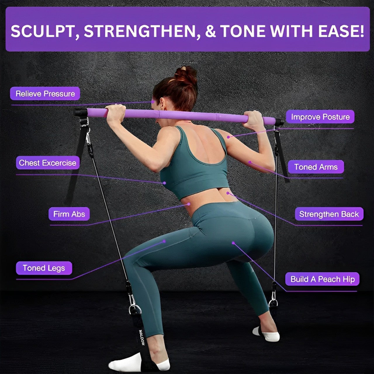 Woman squatting with a purple Fitlybuy Pilates bar and resistance bands, highlighting fitness benefits via labels.