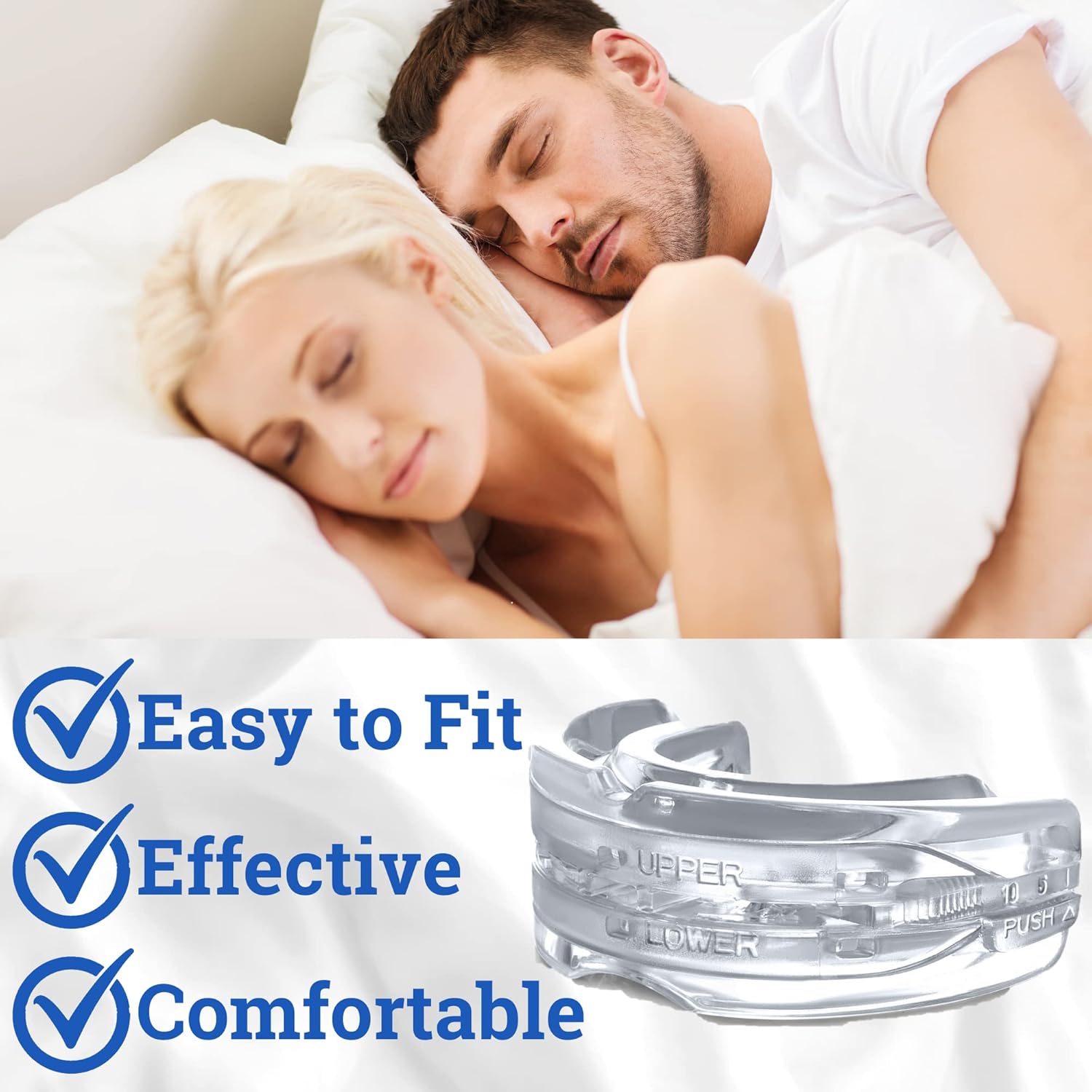 Fitlybuy clear anti-snoring mouth guard with ComfortFit tech, shown next to a sleeping couple and benefit checkmarks.
