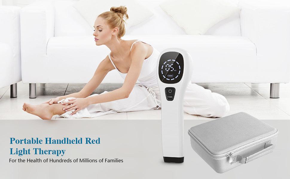 Fitlybuy white handheld cold laser therapy device with digital display and carrying case in a home setting.