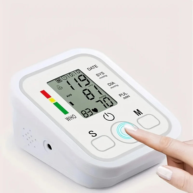 Fitlybuy EasyCheck blood pressure monitor with white digital screen, pulse readings, and a hand pressing the start button.