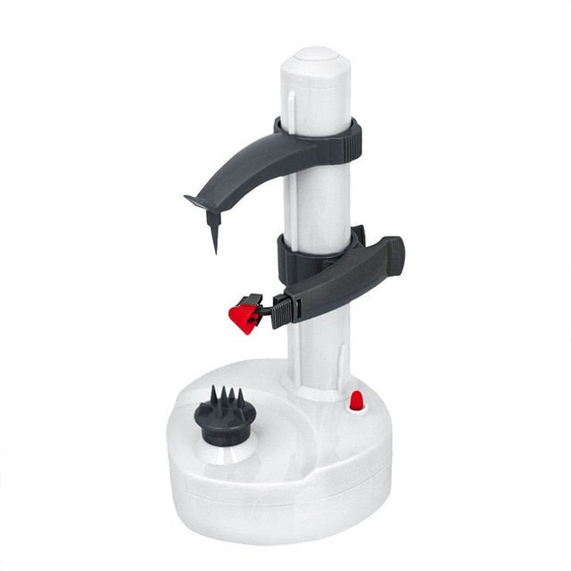 Fitlybuy white electric fruit and vegetable peeler with a vertical tower, adjustable cutting arm, and red power button.
