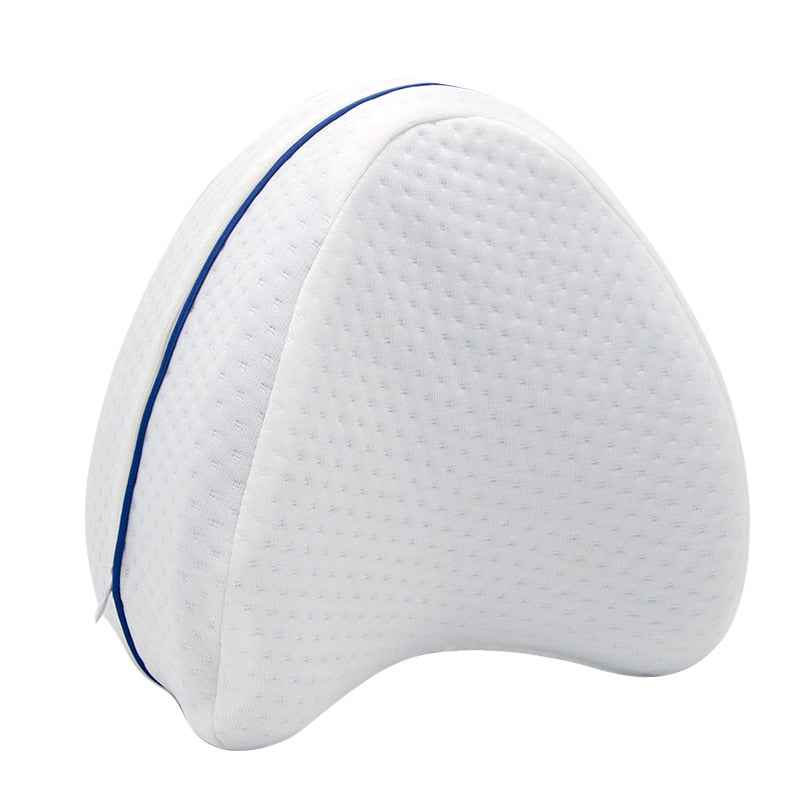 White, ergonomic memory foam knee pillow with a blue side zipper for side sleeping comfort.