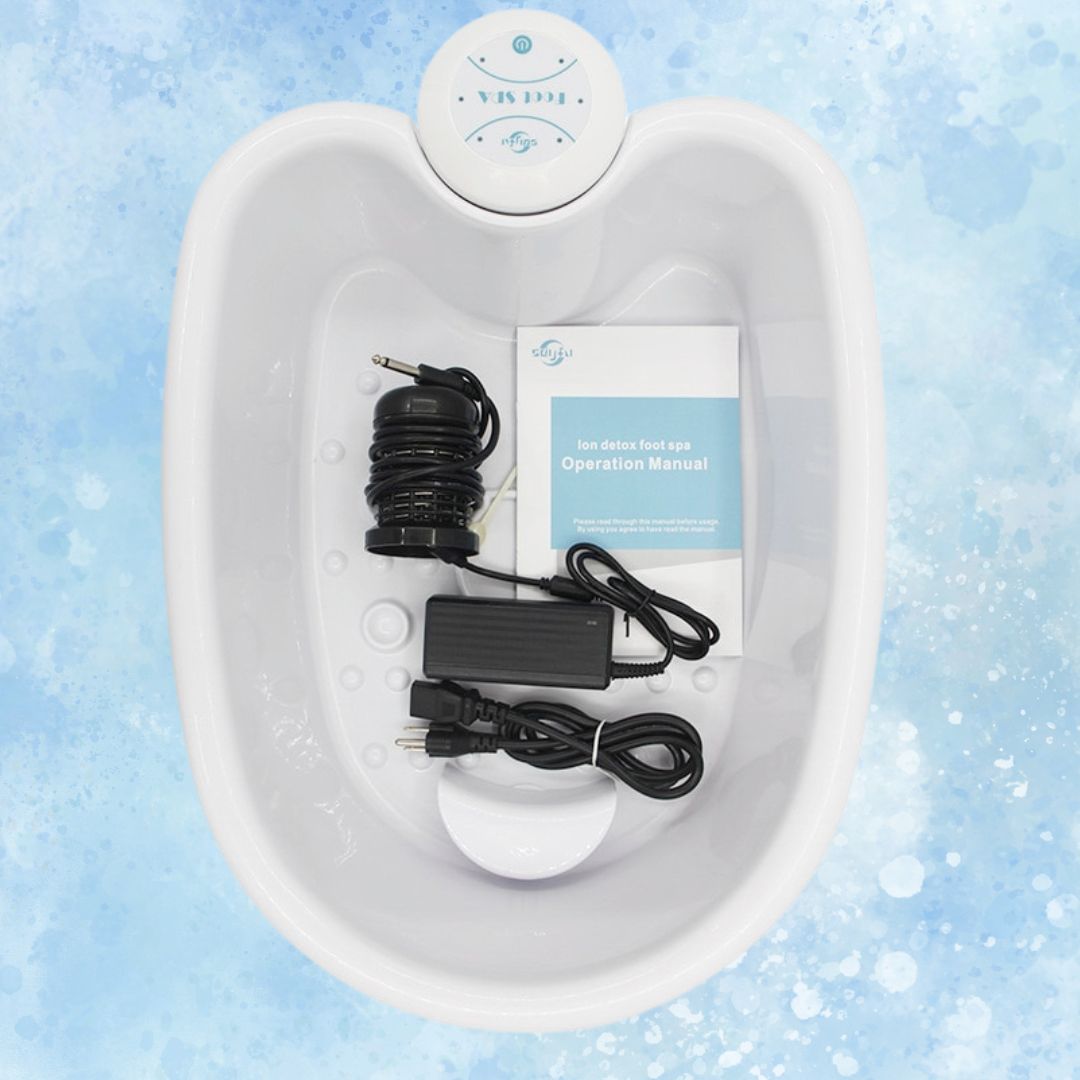 Fitlybuy white ionic detox foot spa basin with control unit, detox array, power supply, and manual on a blue background.