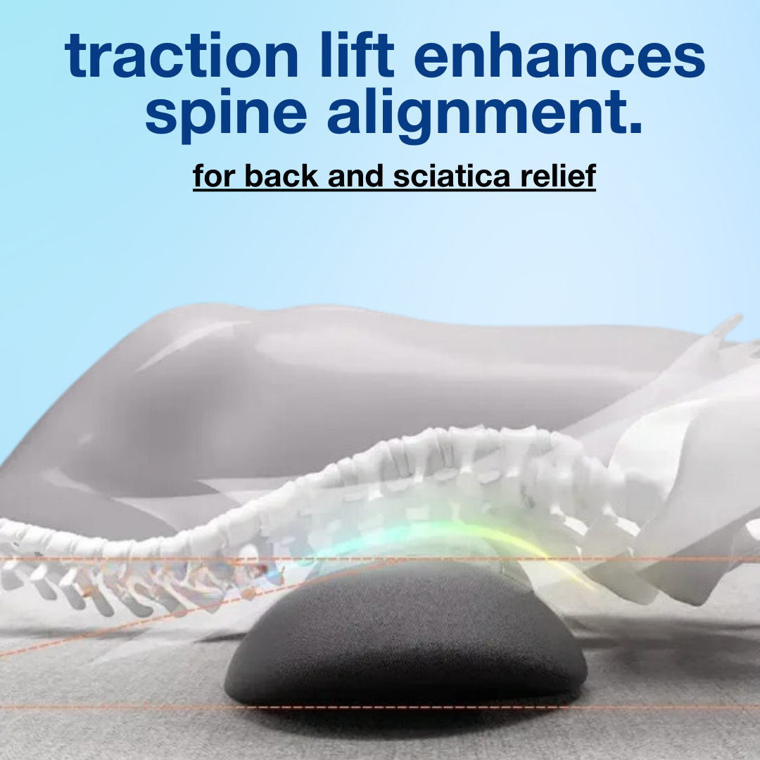Fitlybuy wireless lumbar massager in black supporting a human spine model to demonstrate spinal traction and relief.