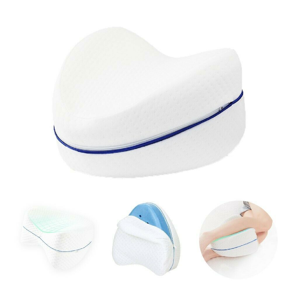 White Fitlybuy memory foam knee pillow with a blue zipper, shown as a full cushion, internal foam, and in use.
