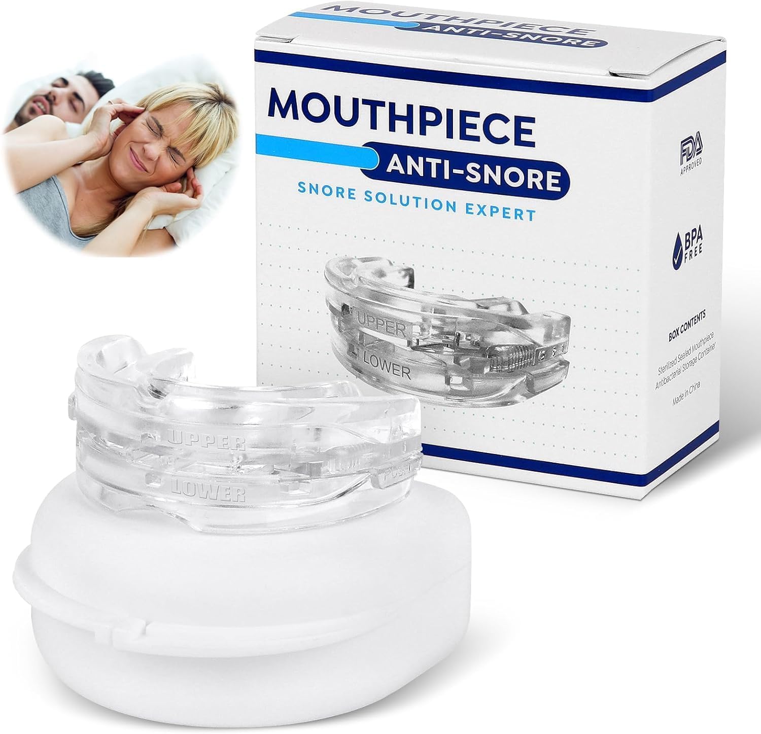 Fitlybuy clear anti-snore mouth guard with storage case and product box, featuring comfort customization technology.