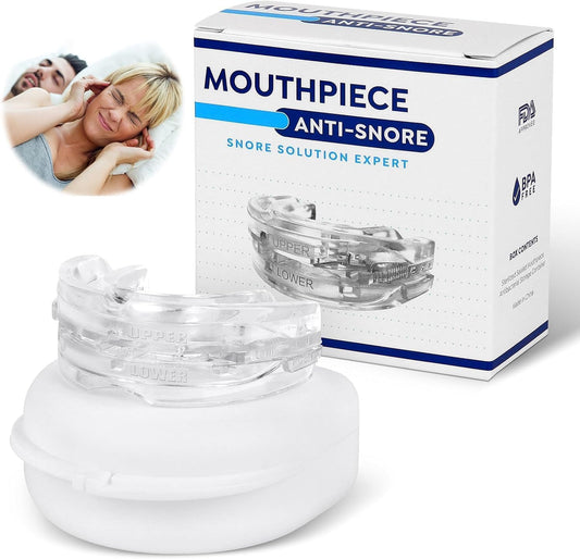 Fitlybuy clear anti-snore mouth guard with storage case and product box, featuring comfort customization technology.