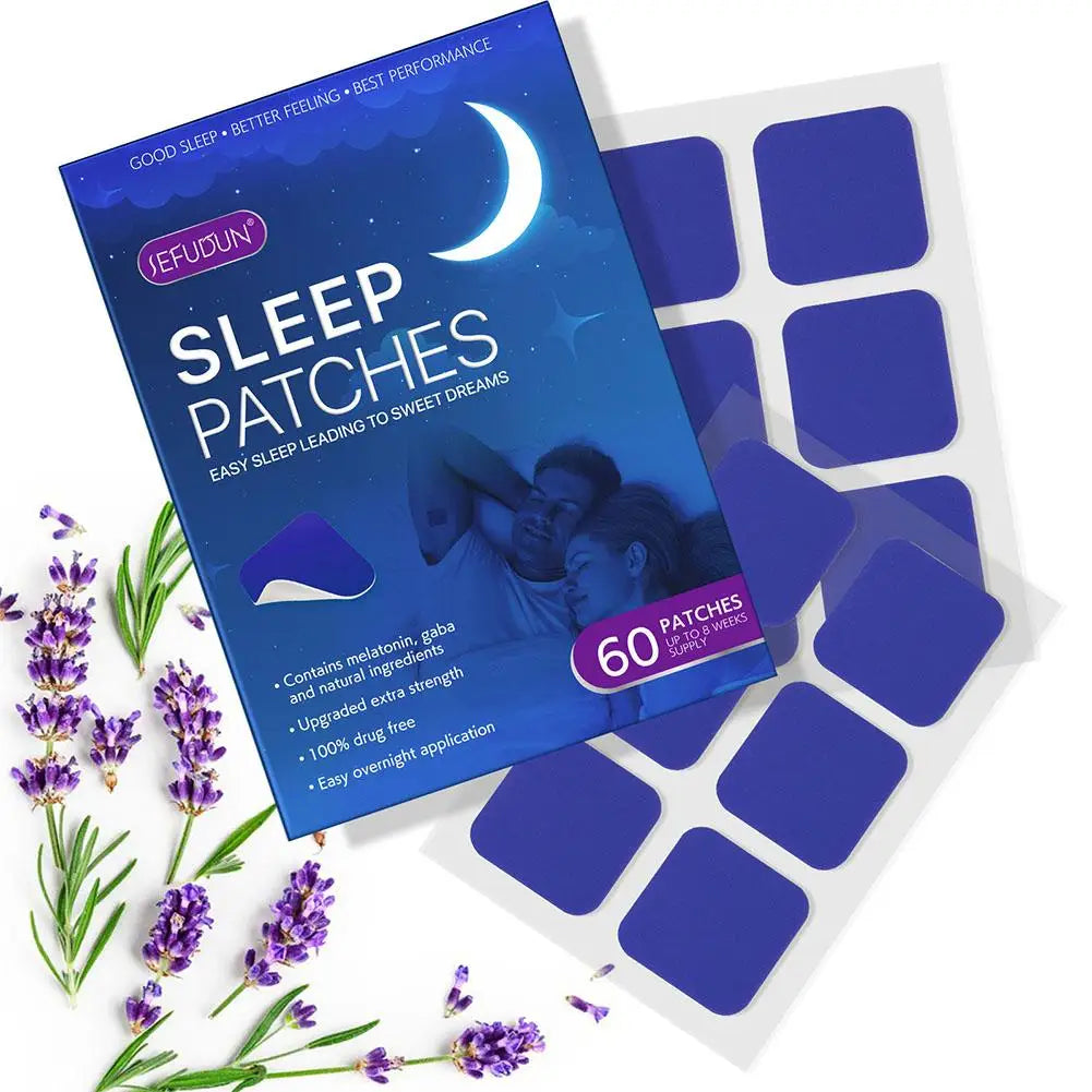 Fitlybuy Dream Easy sleep patches in blue packaging with 60 squares, featuring melatonin and lavender imagery.