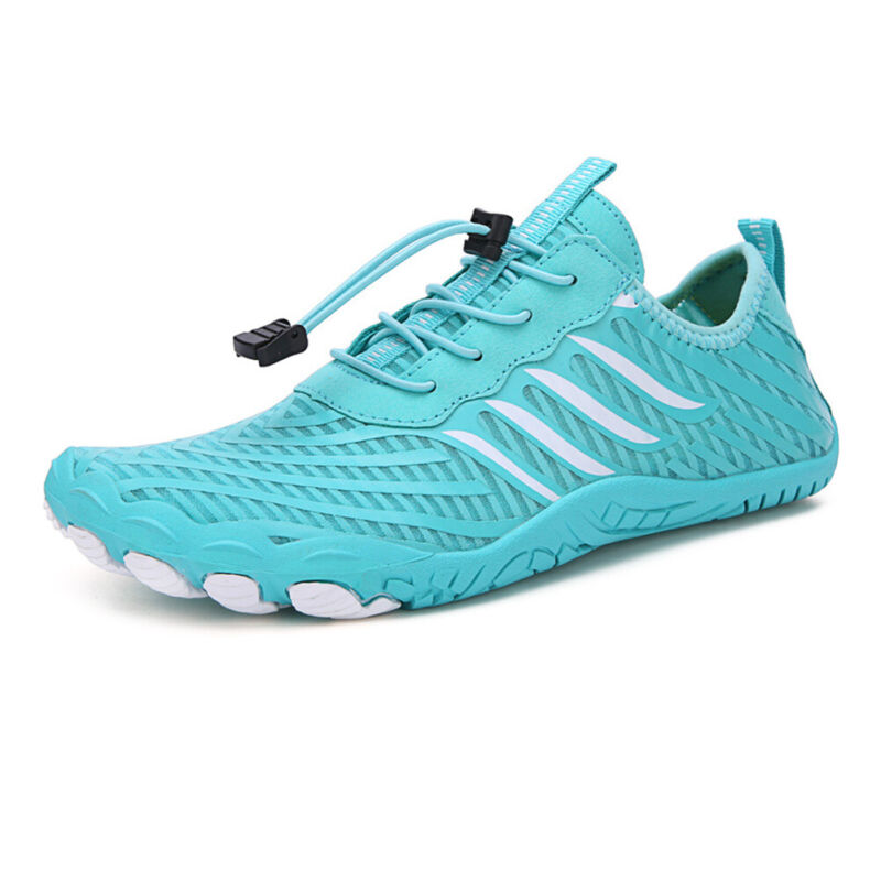 Fitlybuy turquoise barefoot shoe with white patterns, quick-lace system, and non-slip white rubber sole.