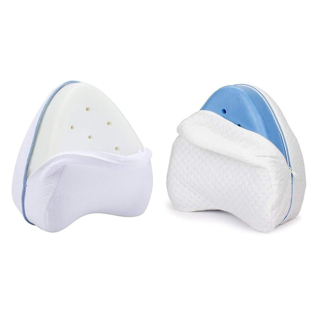 Two Fitlybuy triangular memory foam knee pillows with white removable covers, shown with blue and white foam interiors.