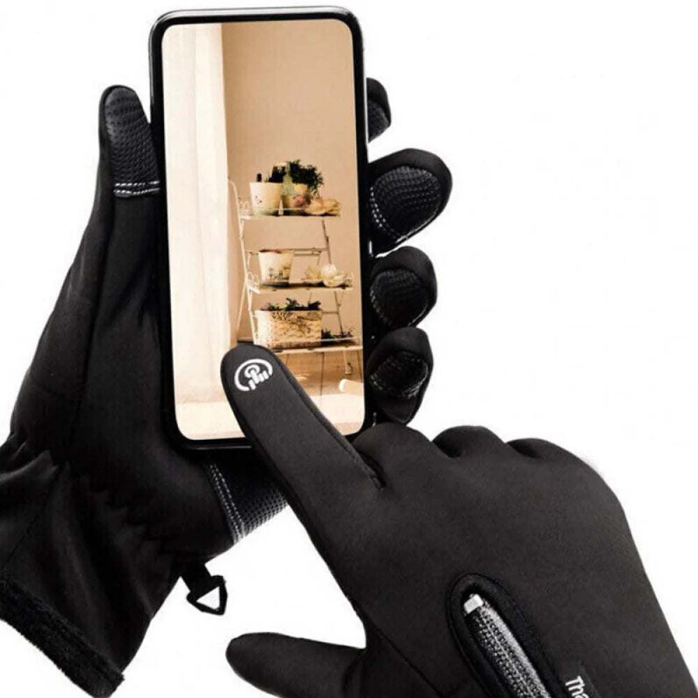 Fitlybuy black touchscreen-friendly adventure gloves with ThermoFlex heating and a handy zippered pocket on the back.