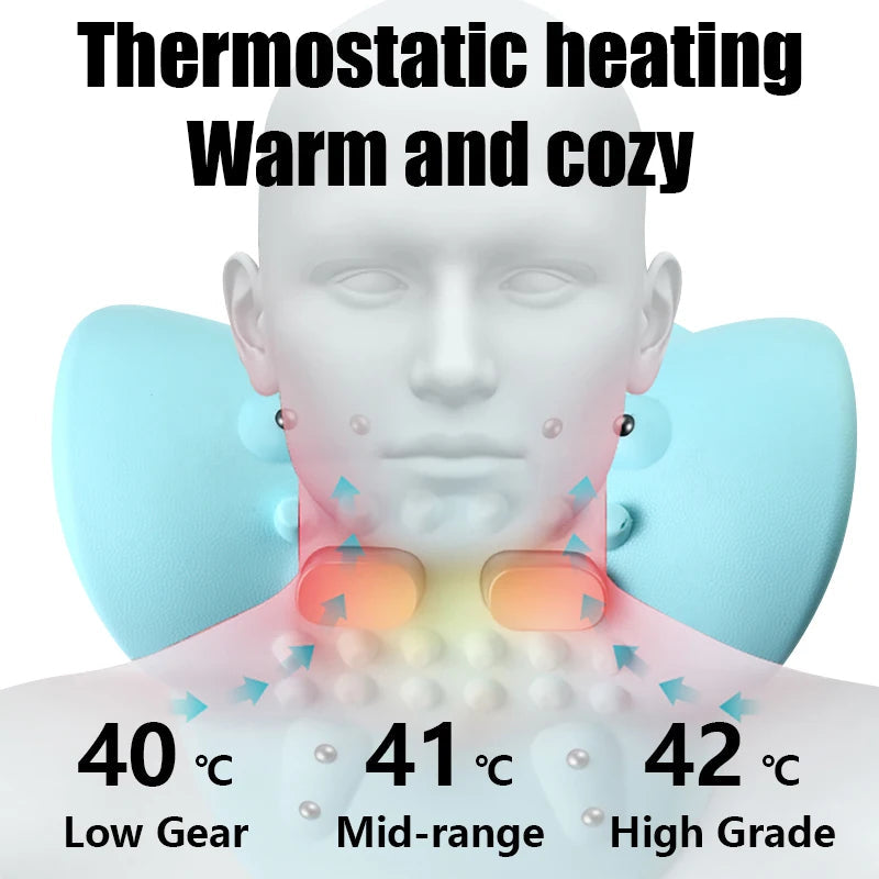 Fitlybuy blue electric neck relief stretcher with thermostatic heating, showing 40°C to 42°C heat levels.