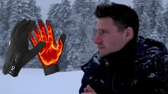 Black Fitlybuy heated adventure gloves showing ThermoFlex inner heat distribution against a snowy winter background.