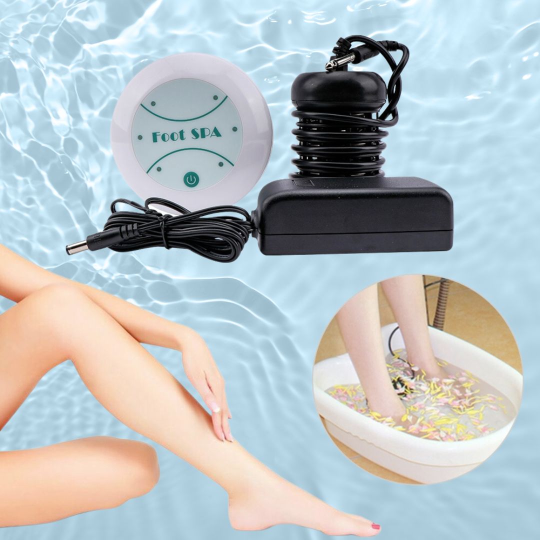 Fitlybuy ionic foot spa detox device with control unit and array, shown in use in a floral water basin.