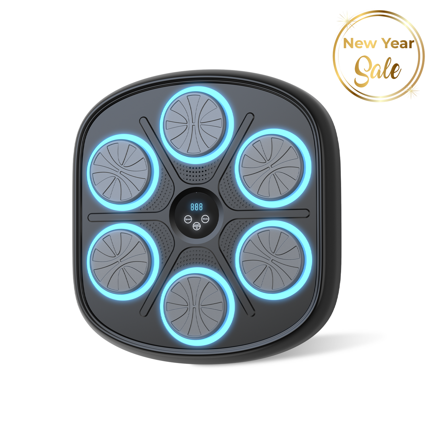 Black Fitlybuy Groovy Punch wall-mounted boxing machine with 6 glowing blue pads, digital display, and New Year sale tag.