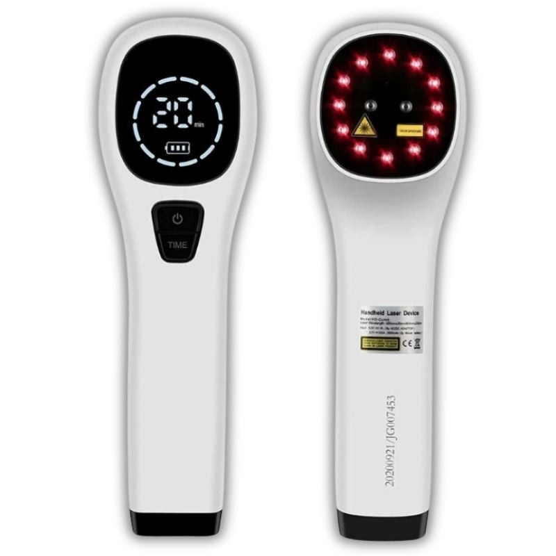 White handheld cold laser therapy device with digital timer display and glowing red laser diodes for pain relief.