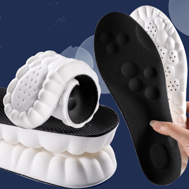 Fitlybuy AirCloud white and black relief insoles featuring flexible, shock-absorbing ComfortWave cushioning technology.