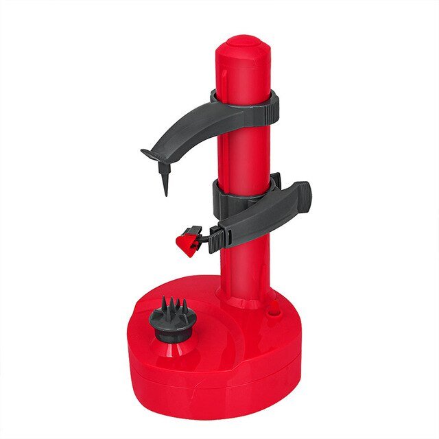 Fitlybuy SmartPeel red electric fruit and vegetable peeler with a vertical stand, adjustable blade, and spike base.