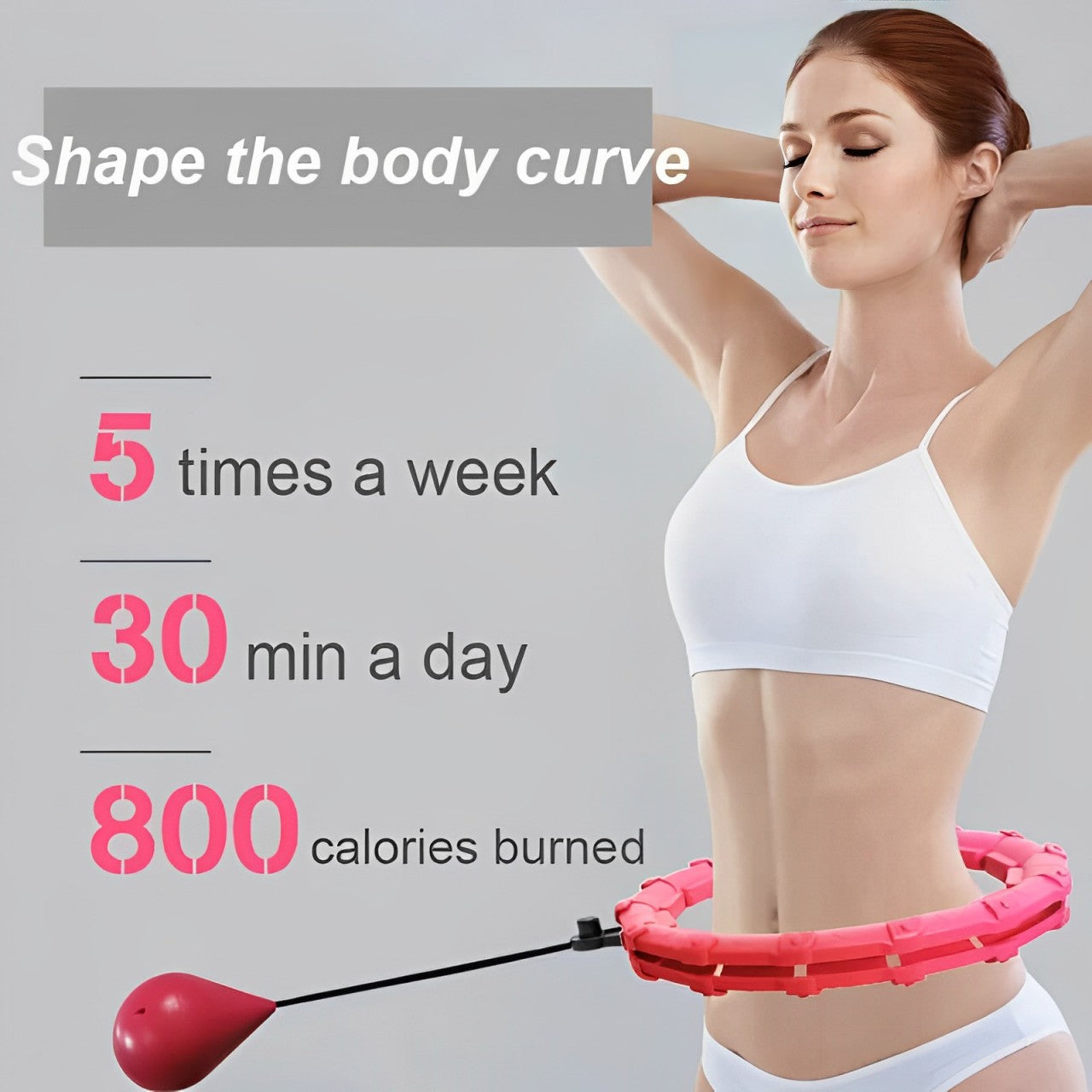 Woman using a pink Fitlybuy weighted hula hoop with CoreFlex resistance technology to slim waist. Text shows workout stats.