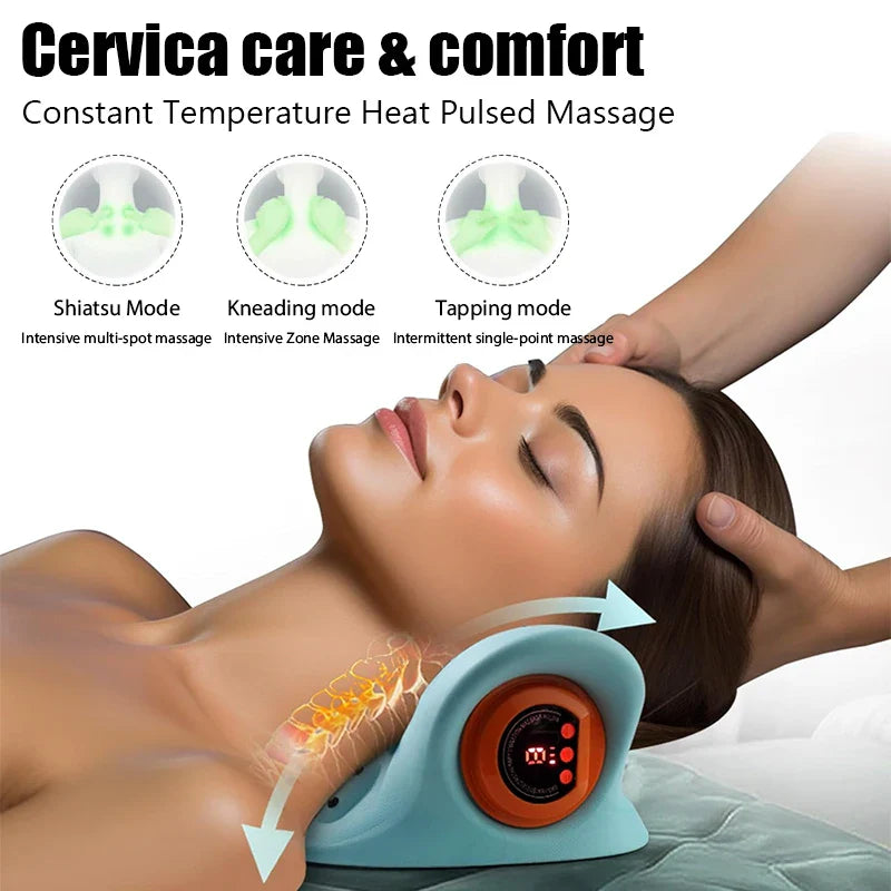 Fitlybuy electric neck relief stretcher in blue, featuring heat, pulse massage, and Shiatsu, Kneading, and Tapping modes.
