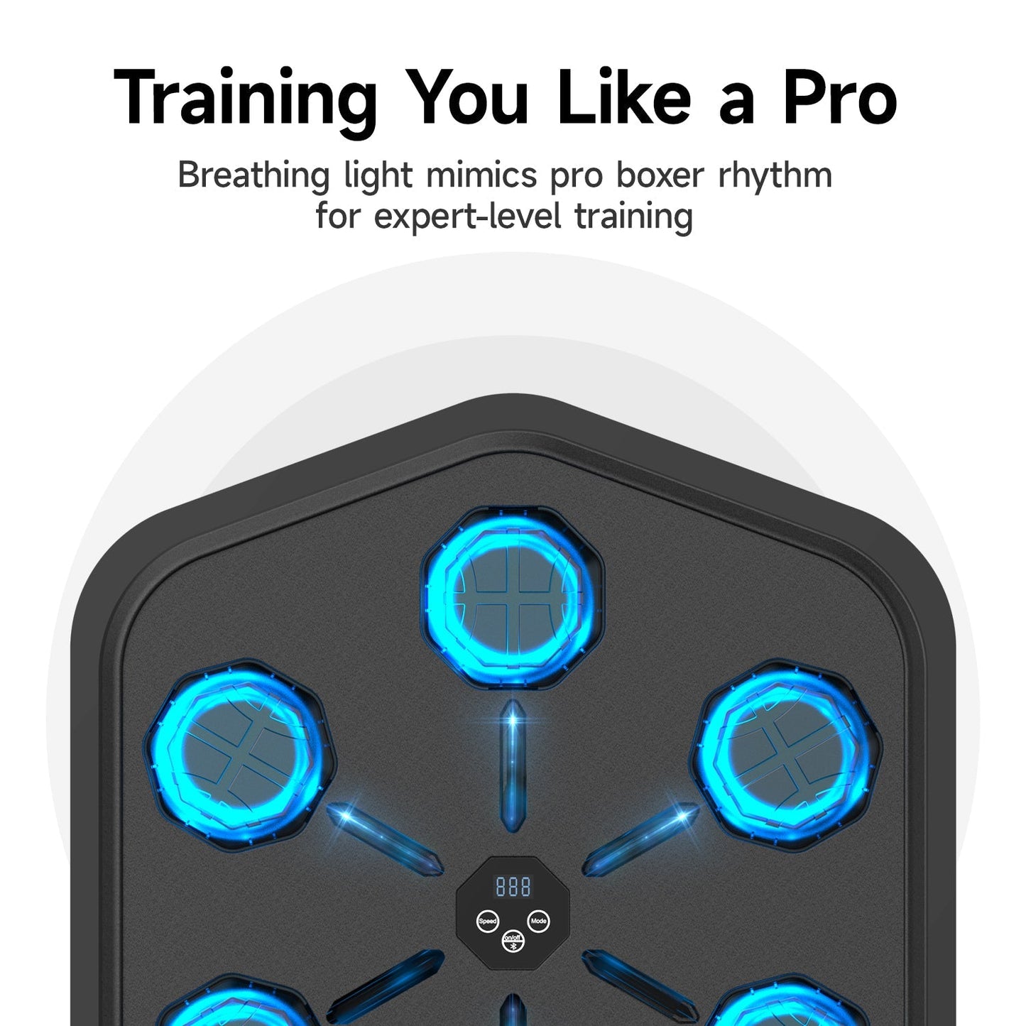 Fitlybuy Groovy Punch wall-mounted boxing machine with 5 glowing blue LED target pads and digital speed control display.