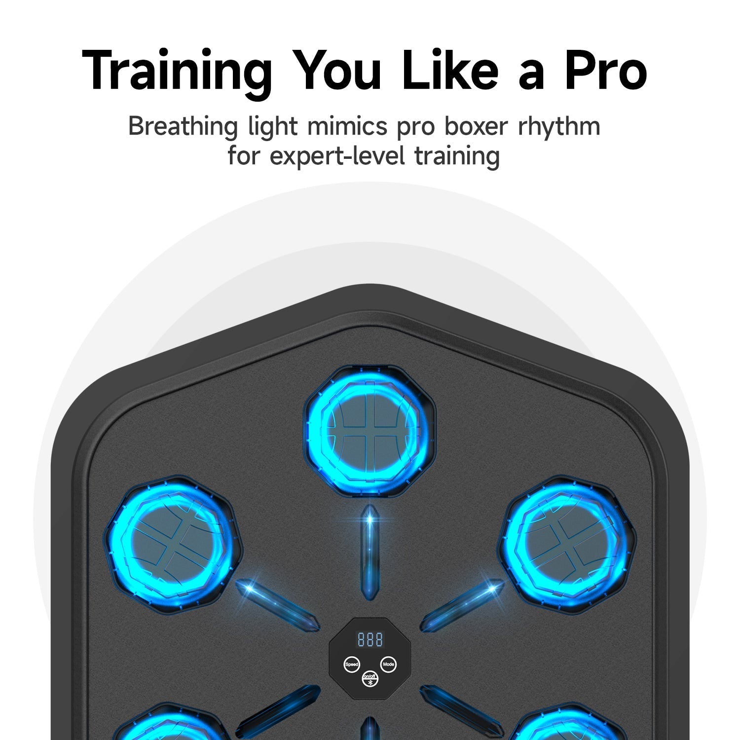 Fitlybuy Groovy Punch wall-mounted boxing machine with 5 glowing blue LED target pads and digital speed control display.