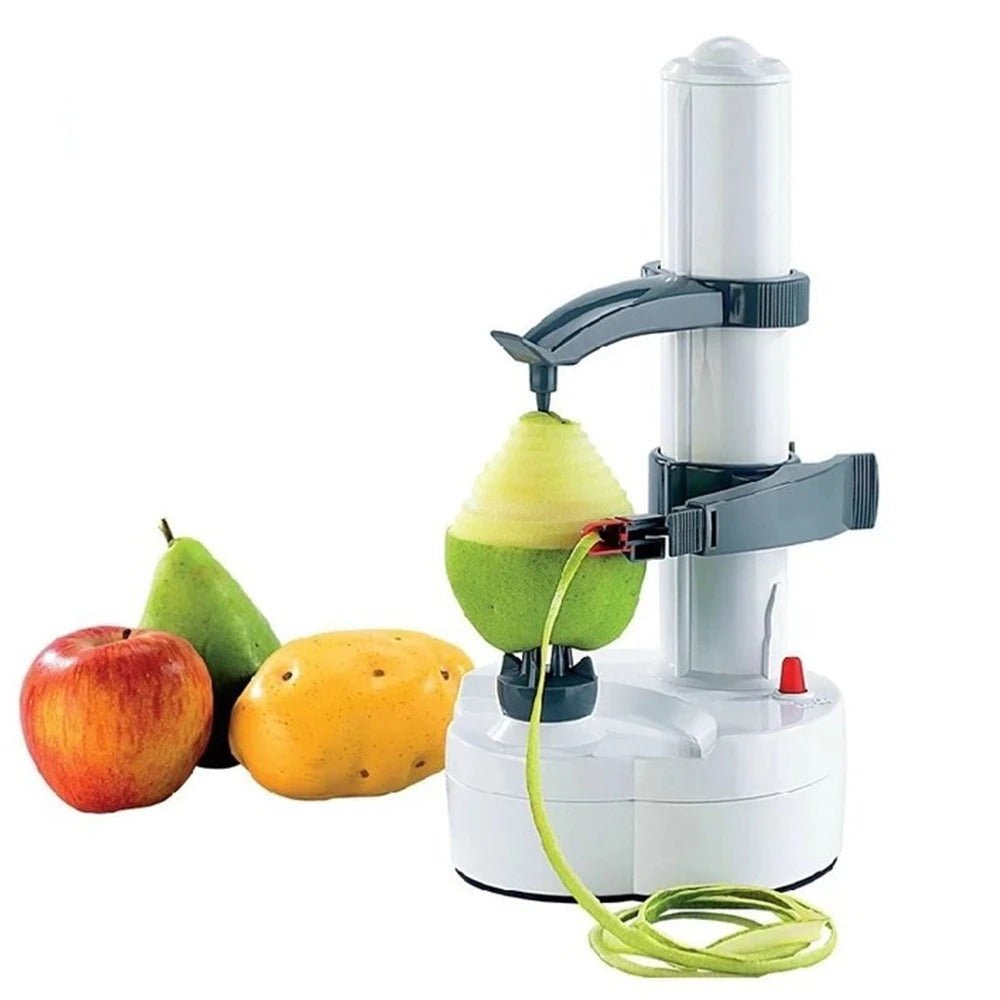 Fitlybuy SmartPeel white electric fruit peeler peeling a pear, next to an apple, pear, and potato on a white background.