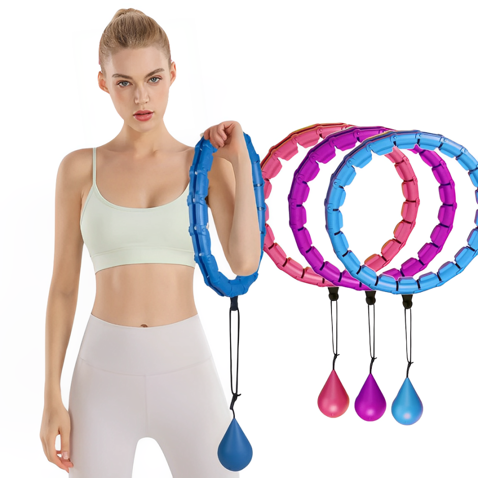 A woman holds a blue Fitlybuy FunFit weighted hula hoop; additional pink, purple, and blue hoops are lined up nearby.