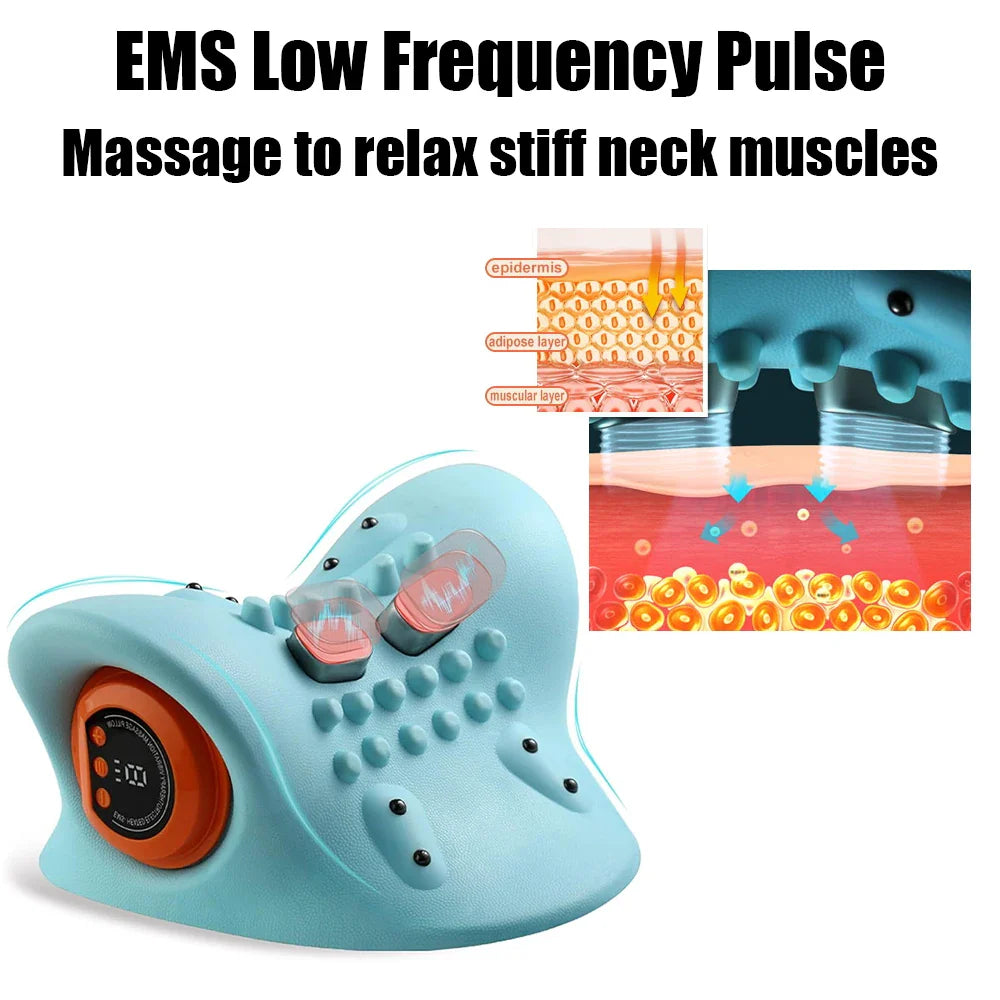 Blue Fitlybuy electric neck stretcher with EMS pulse massage, digital display, and anatomical skin layer diagram.