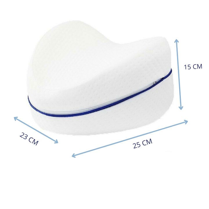 White Fitlybuy memory foam knee pillow with blue zipper and dimensions labeled (25x23x15 cm) on a plain background.