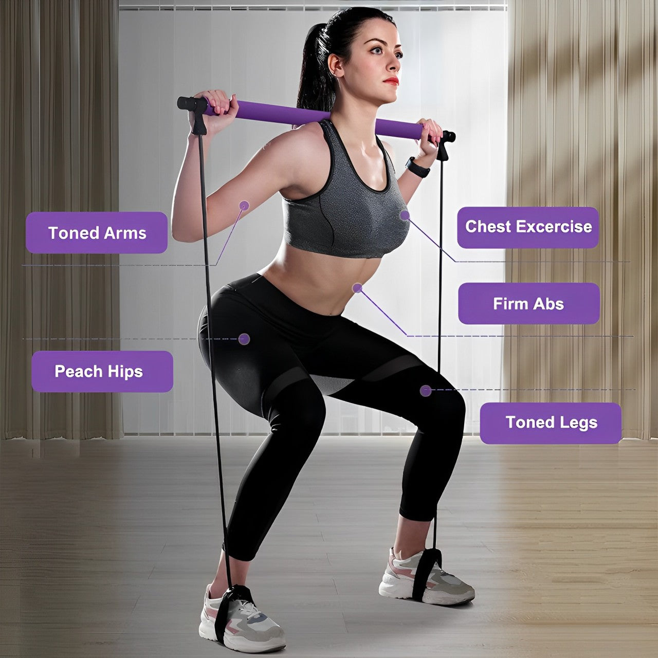 Woman using a purple Fitlybuy Pilates bar with adjustable resistance bands for a full-body home workout.