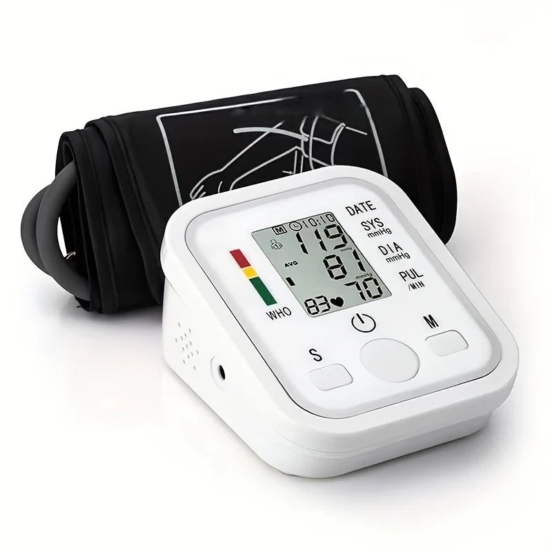 Fitlybuy EasyCheck digital blood pressure monitor with white display console and black arm cuff on white background.