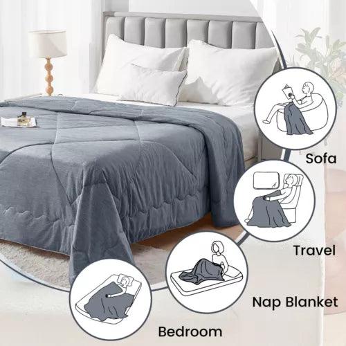 Grey Fitlybuy Aussie Cool Ice cooling blanket with ChillTech fabric draped over a bed with multi-use icons.