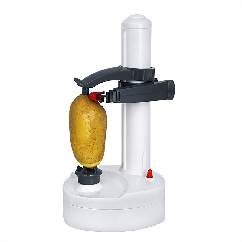 Fitlybuy white electric potato peeler with gray arms, red blade, and a potato secured for automatic peeling.