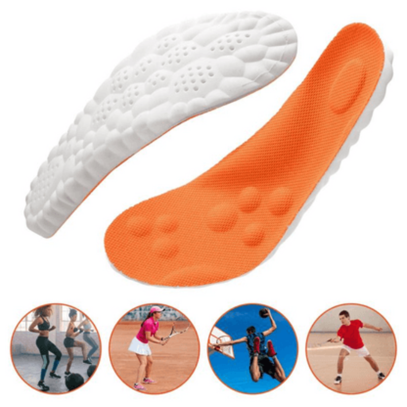 Fitlybuy AirCloud orange and white cushioned insoles featuring arch support for athletic activities.