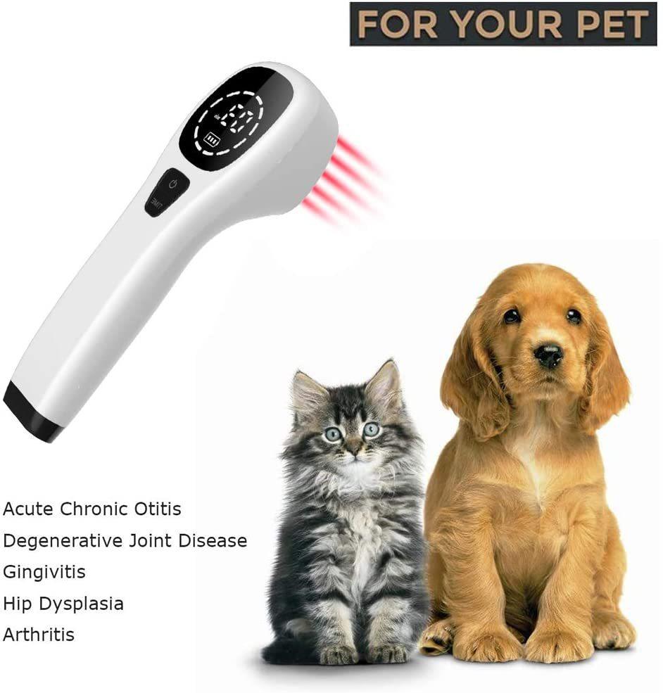Fitlybuy white handheld cold laser therapy device emitting red light near a puppy and kitten, for pet pain relief.