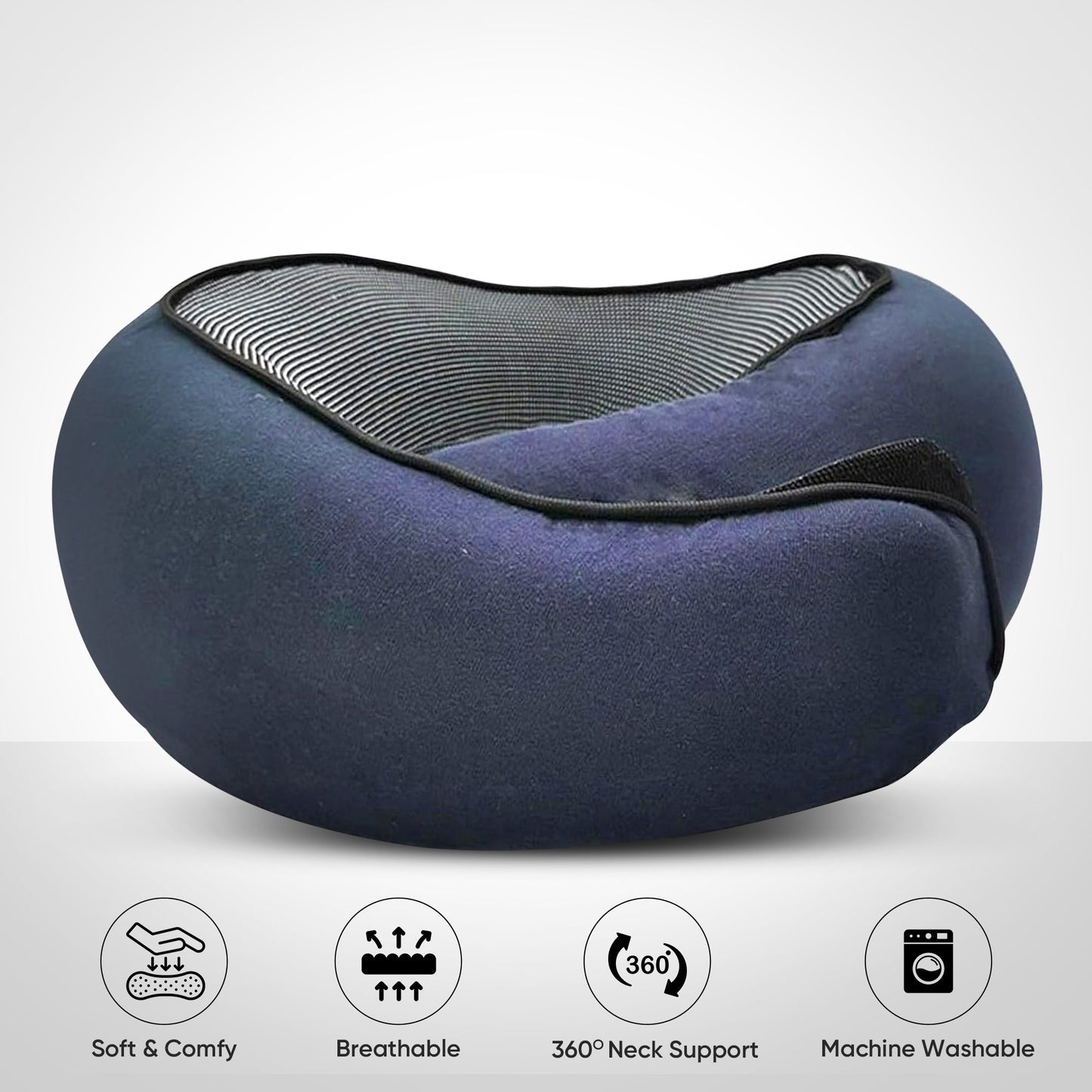 Navy blue butterfly-shaped travel neck pillow with breathable mesh, offering 360-degree support and machine-washable.