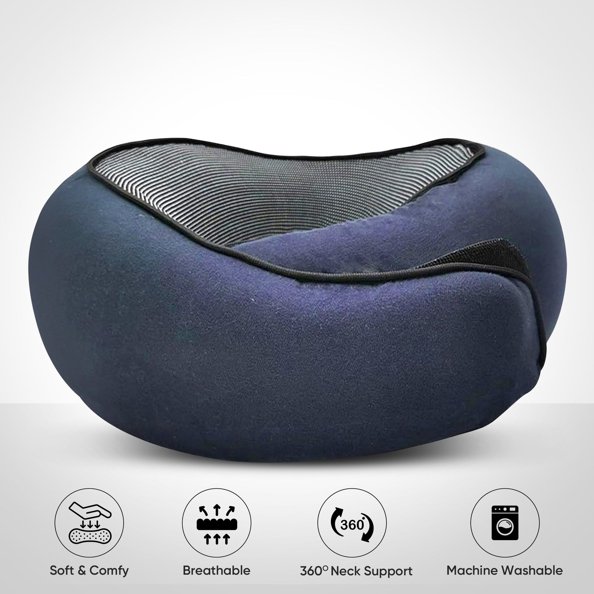 Navy blue butterfly-shaped travel neck pillow with breathable mesh, offering 360-degree support and machine-washable.